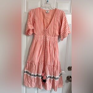 Hemant & Nandita Orange Stripe Beaded Trim Tassels Smocked Mini Dress Women’s XS